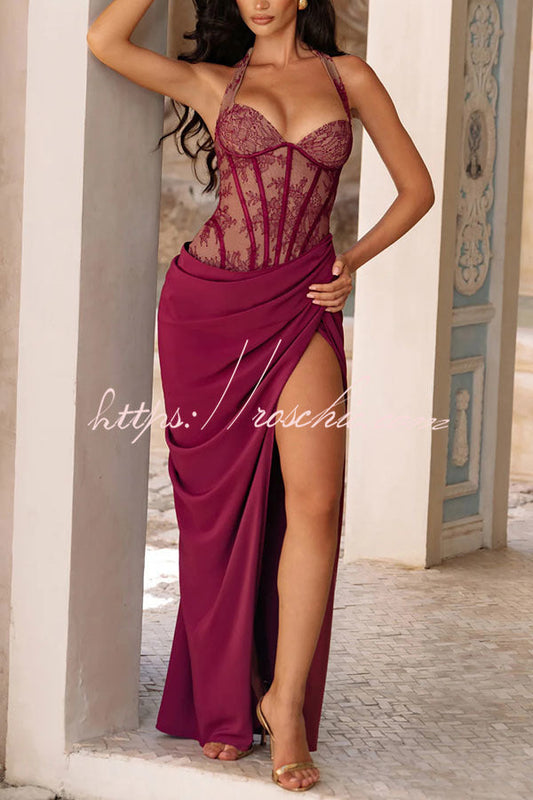Bonita Floral Lace Contrast Structural Detail Asymmetrical Pleats Halter Slit Maxi Dress
