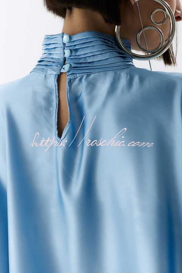 Luisa Satin Floral Print Pleated High-neck Batwing Cutout Sleeve Loose Cape Mini Dress