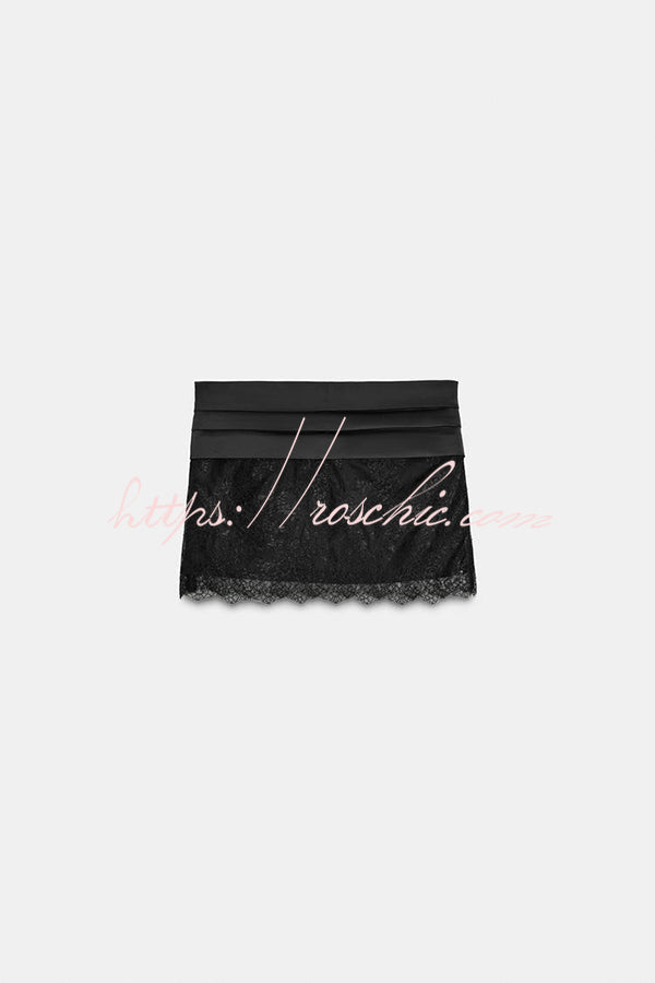 Anna Satin Bow Appliqu¡§| Mid Rise Lace Hem Mini Skirt