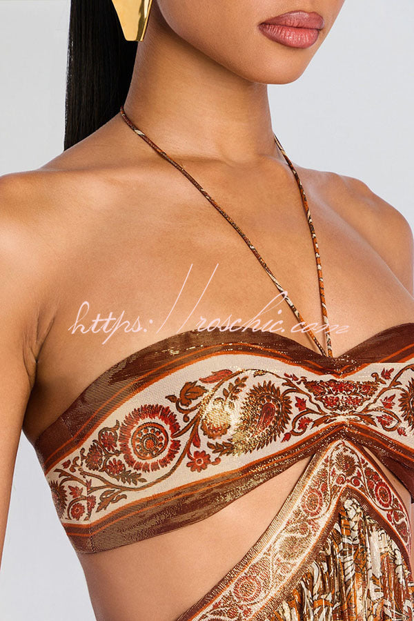 Bohemian Flair Chiffon Golden Paisley Print Cutout Halter Maxi Dress