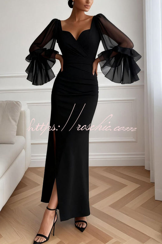 Solid Color V-neck Flared Long Sleeve Elegant High Slit Maxi Dress