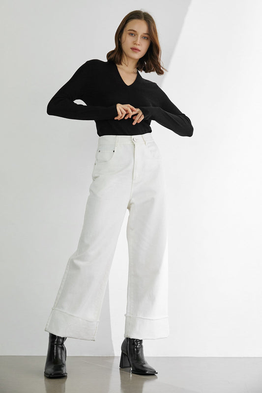 Aislin Premium Wool Black Long-Sleeve Button-Up Sweater
