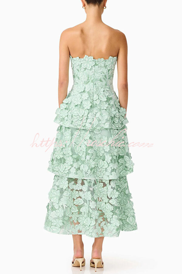 Cocktail Events 3D Embroidery Floral Detail Off Shoulder Tiered Hem Maxi Dress