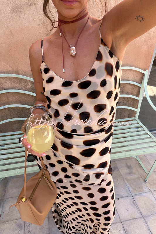 Ozias Leopard Polka Dot Pattern Scoop Neck Removable Scarf Detail Slip Maxi Dress