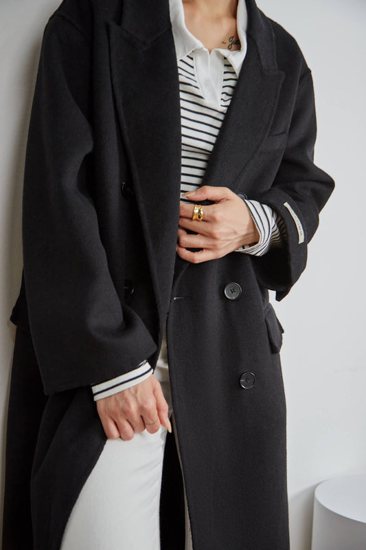 Black Premium Wool Double-Breasted Longline Coat