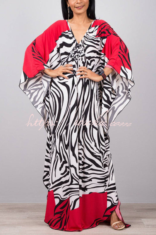 Unique Print Loose V-Neck Batwing Sleeve Casual Maxi Dress