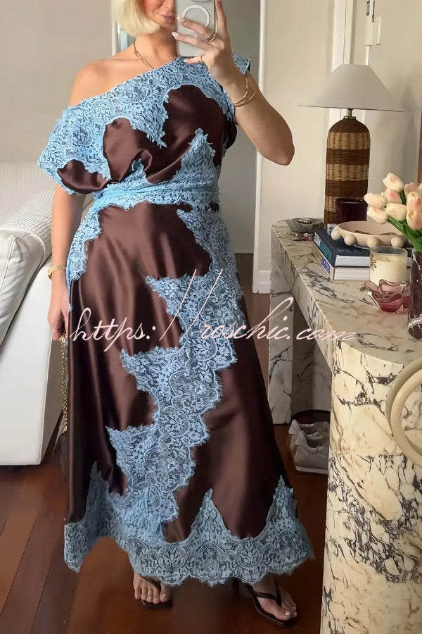 Fashionable Satin Lace Patchwork Asymmetrical Neckline and Fitted Waist Maxi Dress