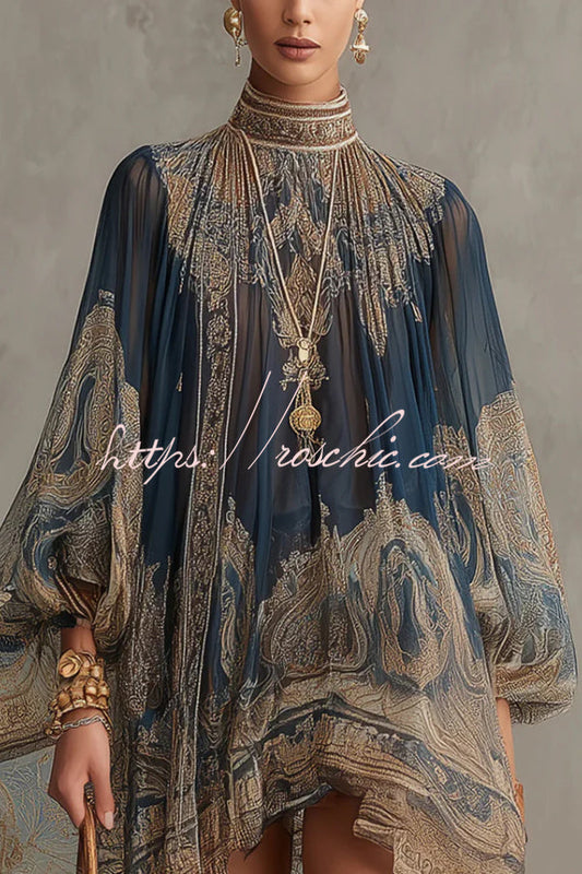 Baroque Print High-neck Irregular Chiffon Mini Dress