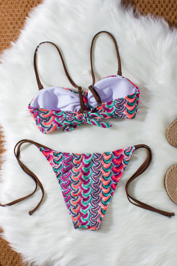 Striped Wavy Knit Tie-up Stretch Two-piece Bikini Swimsuit