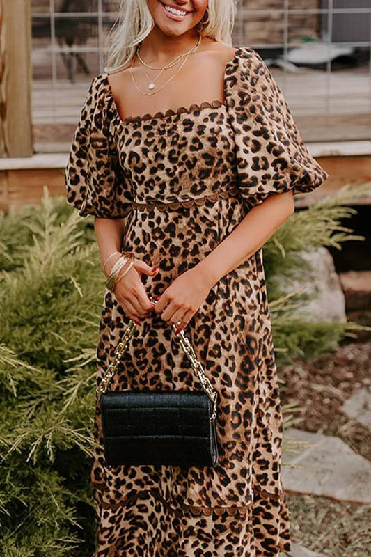 Abigail Exclusive Brown Leopard Print Ricrac Puff Sleeve Maxi Dress Boutique Collection
