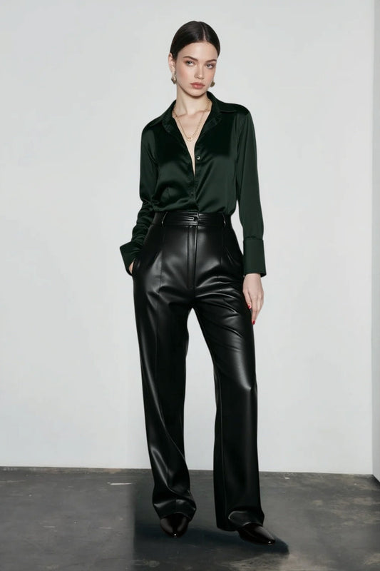 Lace Leather Panel Sheer Long Sleeve Chic Blouse
