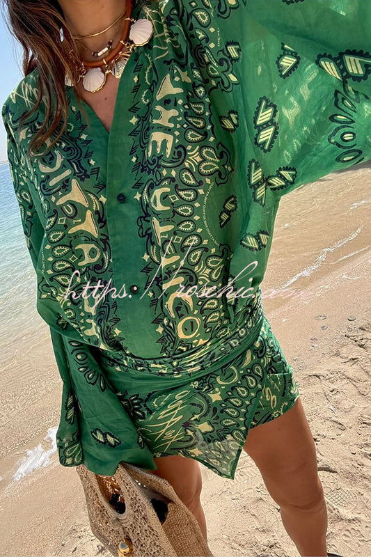 Sulena Linen Blend Ethnic Print Button Up Long Bell Sleeve Warp Tie-up Mini Dress