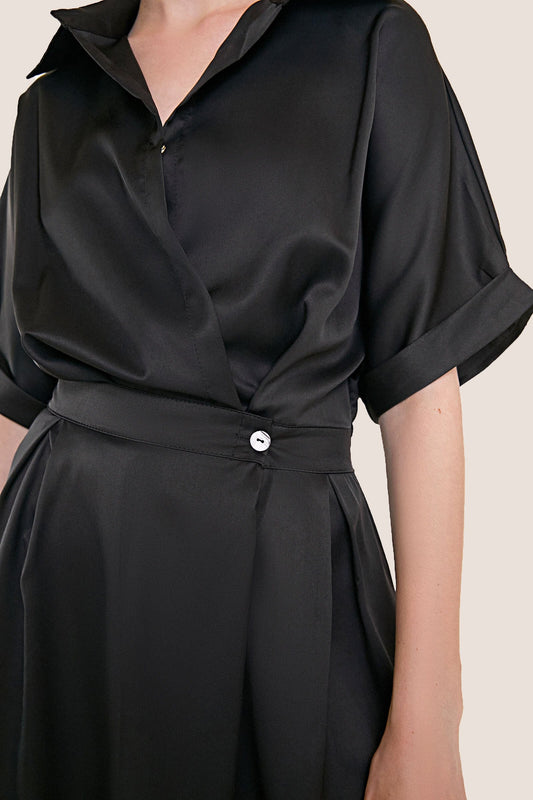 Black Short Sleeve Pleat Detail Shirt Dress