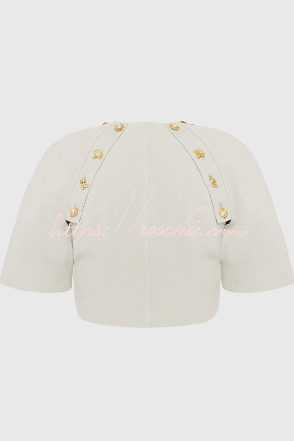 Custom Look Linen Blend Unique Metal Pattern Buttons Slit Half Sleeve Crop Jacket