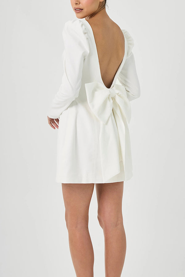 Gift for You Puff Shoulder Long Sleeve Back Bow Detail Mini Dress (Shipped Within 24 Hours)