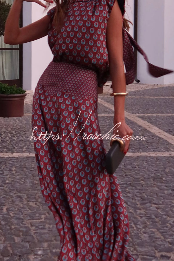 Dalena Satin Art Print High Tie-up Neck Short Sleeve Top and High Rise Maxi Skirt Set