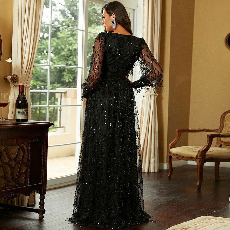 Adult Slit Black V - neck Long Sleeve Mesh Stitching Princess Elegant High - End Evening Dress for