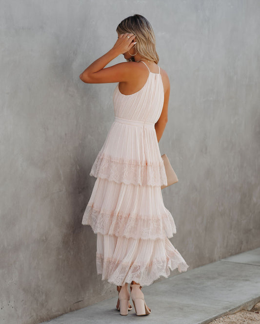 Affection Pleated Tiered Lace Maxi Dress Blush