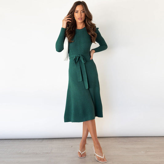 Bubble Long Sleeve Knitted Dress Mid - Length Elegant Slimming High Waist Big Swing Dress Base Sweater Dress