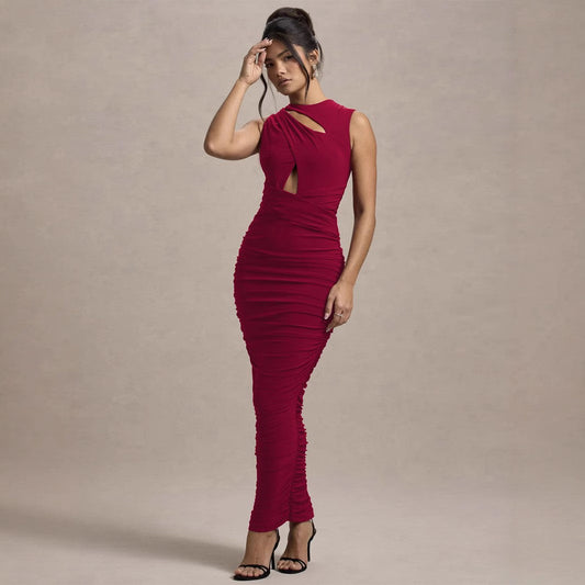 Elegant Pleated Slim Sleeveless round Neck Sheath Dress