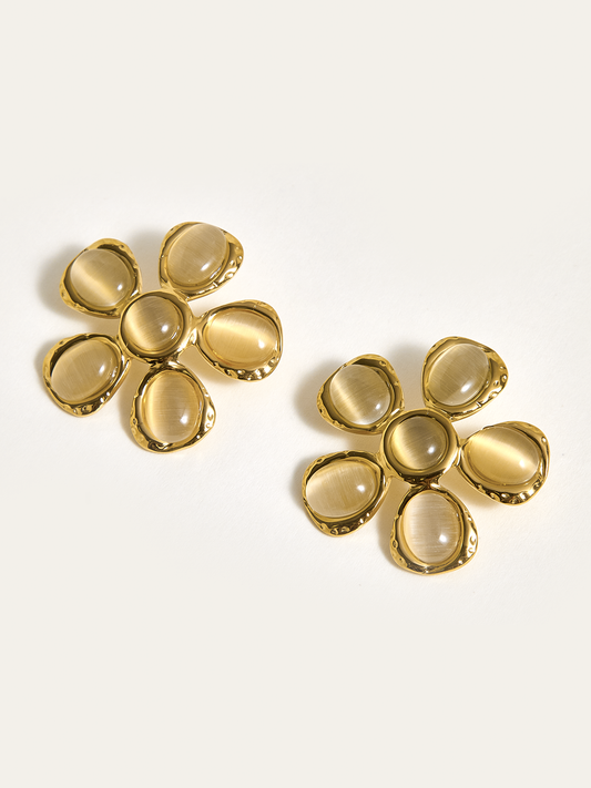Cat-Eye Stone Flower Earrings