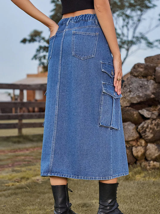 Casual Split Long High Waisted ALine Cargo Jean Skirt