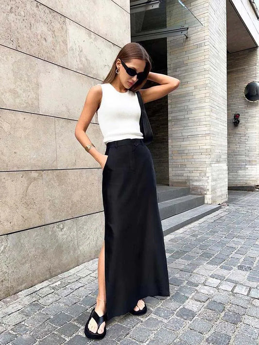 Black Loose Elegant ALine Summer AnkleLength Pocket Skirt