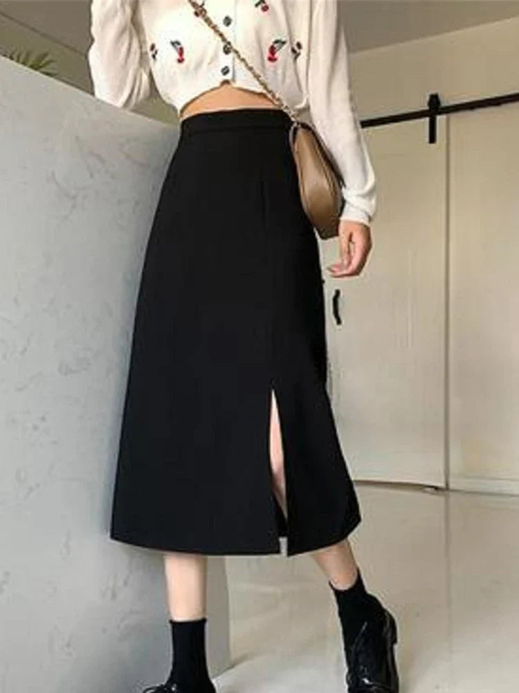Black Midcalf College Aline High Waist Streetwear Female Skirt