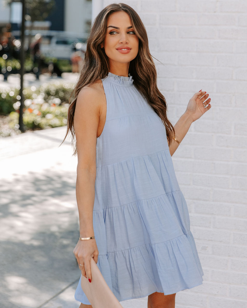 Brenley Pocketed Tiered Babydoll Dress Baby Blue