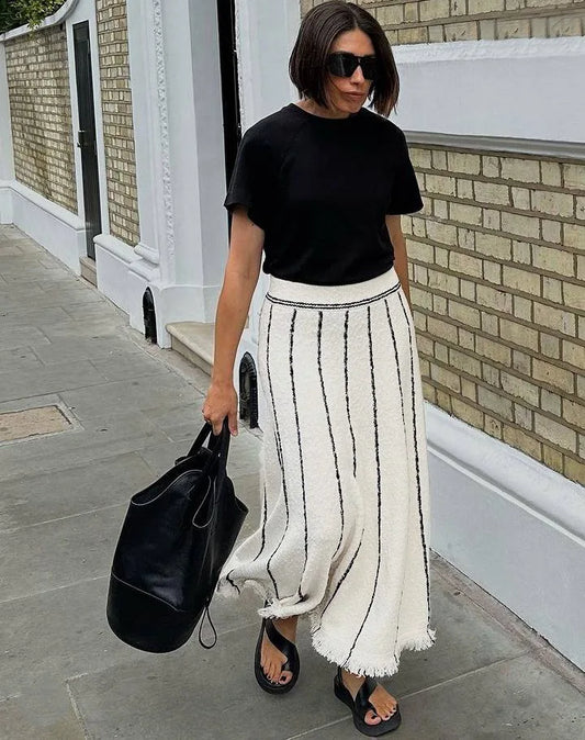 Elegant Striped Tassel Knitted Elastic High Waist Skirt