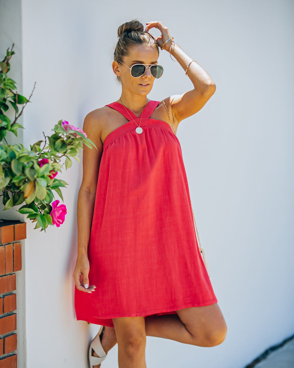 Hot Fun Linen Blend Halter Dress Hot Pink