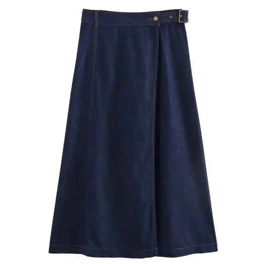 Denim Long Wrap Slit ALine Style Elegant Holiday Skirt
