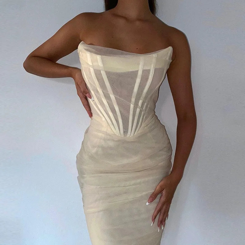Irene Elevated Figure Hugging Evening Dress with Corset Detail and Strapless Design Wear Edit
