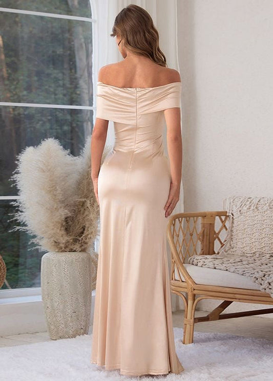 Champagne Off-Shoulder Ruched Slit Maxi Evening Dress