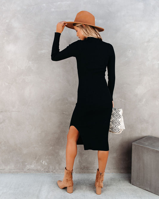 Newtown Mock Neck Knit Midi Dress Black