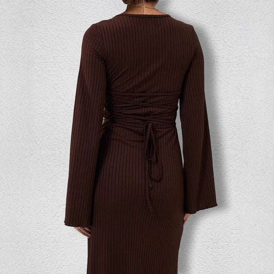 Bandage Big Pit Strip U Neck Long Sleeved Dress