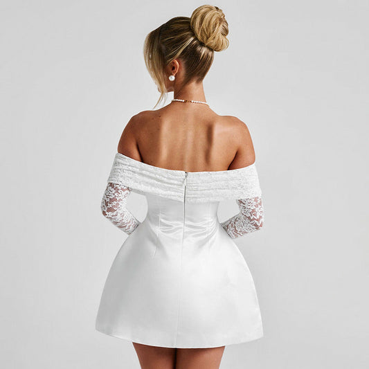 lothing off Neck Lace Stitching Long Sleeve Waist A line Dress