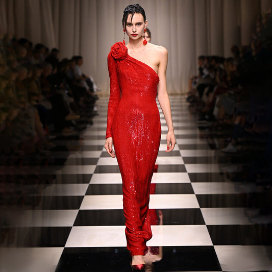 Christmas Red Three Dimensional One Shoulder Floral Sequin Formal Dress Stretch Dress Winter