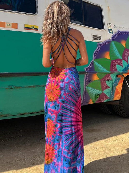 Abstract Floral Printing Backless Dress