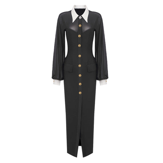 White Collar Black Long Sleeve Mesh Maxi Dress Open Button Cardigan Dress Catwalk