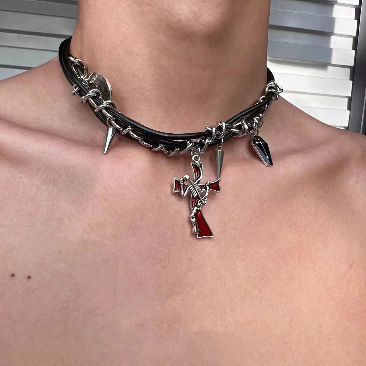 Hiphop Dark Cross Rivet Triple Leather Necklace