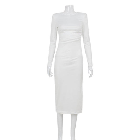 Fall Elegance Solid Color Slim Fit Slimming Waist Padded Shoulder Split Dress