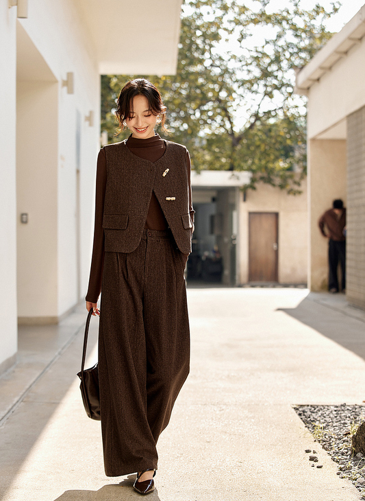 Herringbone Three-Piece Set �Vest, Blouse & Wide-Leg Pants