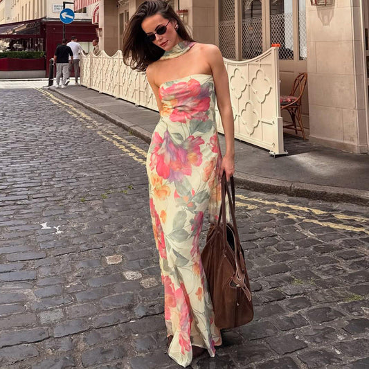 Slim-fit scarf-neck halter-back printed dress