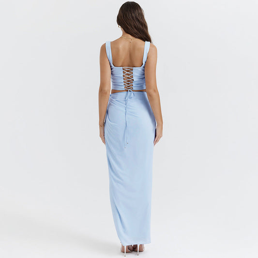 Chiffon Printed Spaghetti Straps Cropped Top Skirt Split Dress Two Piece Sets