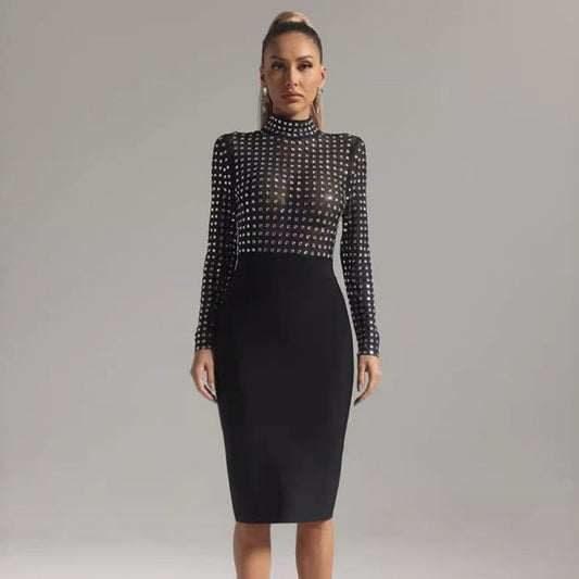 Mesh Stitching Bandage One Piece Turtleneck Diamond Nightclub Party Dress