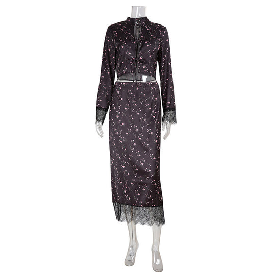 Autumn Slim Fit Slimming Sexy Floral Printed Long Sleeved Top Skirt Two Piece Sets