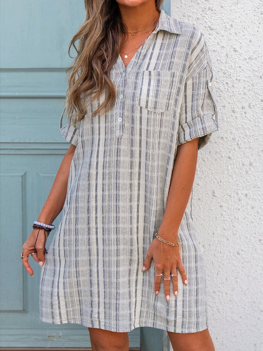 Hayden Linen Blend Striped Button Down Dress Off White Black