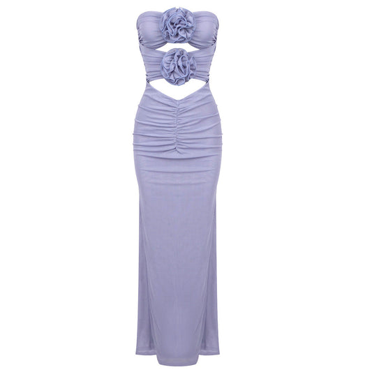 Blue Purple Mesh Elegant Three Dimensional Floral Evening Dress Strapless Dress