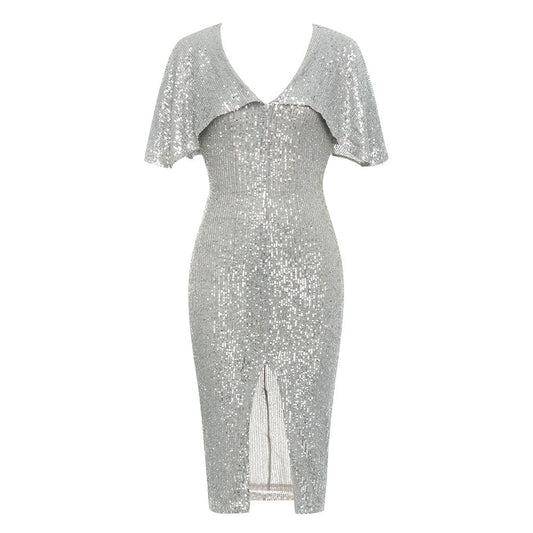 Dress for Simple V neck Flounced Sleeve Short Sleeve Sequined Party Split Dress